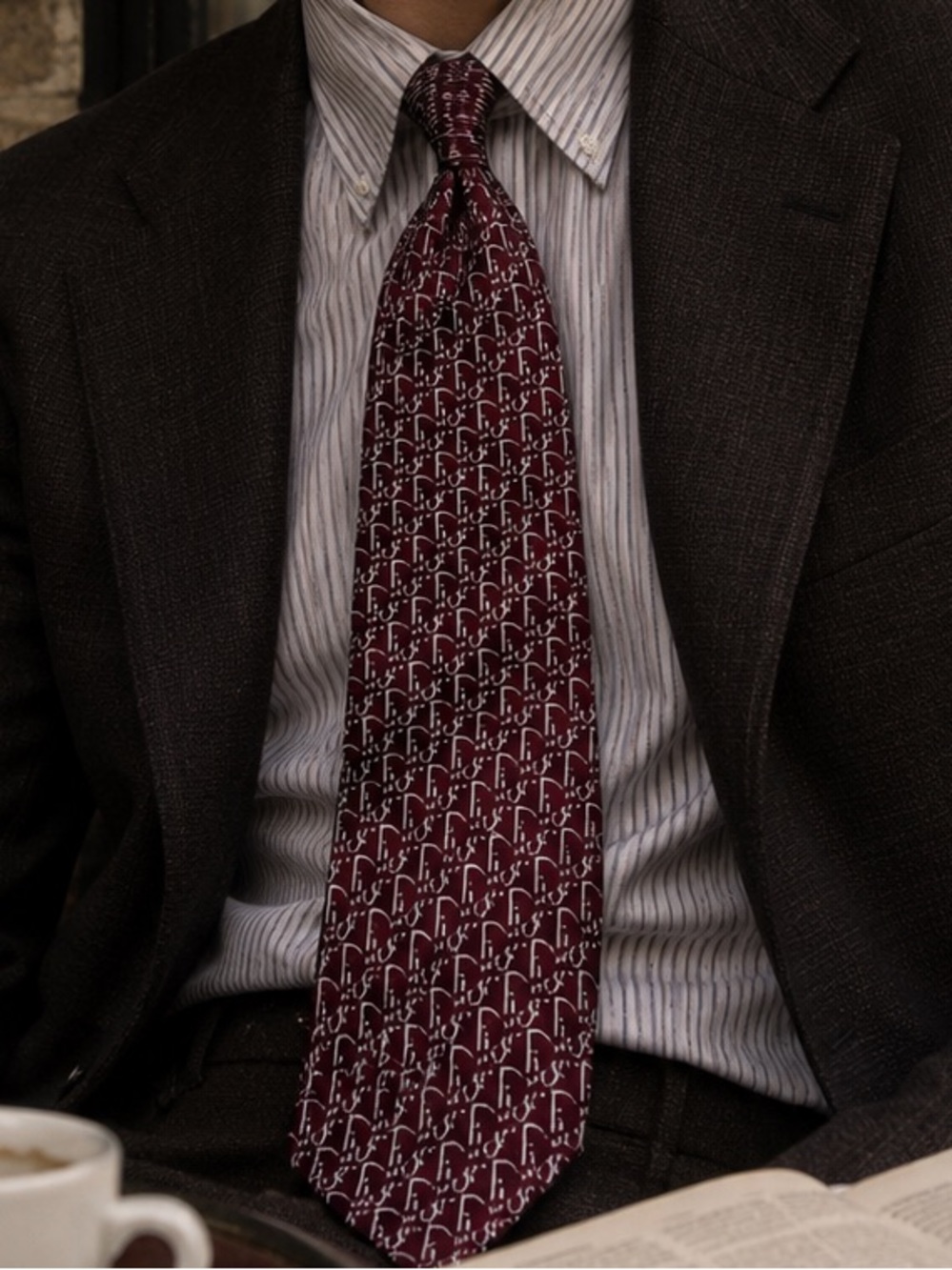 Vintage Christian Dior Burgundy Oblique Trotter Pattern Logo Monogram Silk Tie